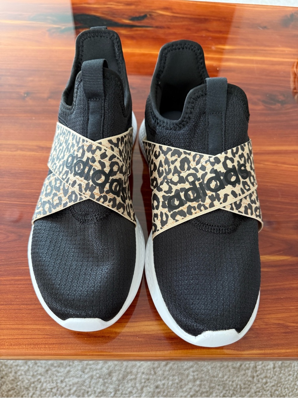 adidas Women’s Black Slip-On Sneakers with Leopard Cross Strap